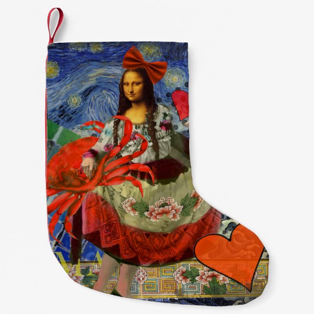 Mona Lisa Fun Zodiac Whimsical  Small Christmas Stocking (Front)