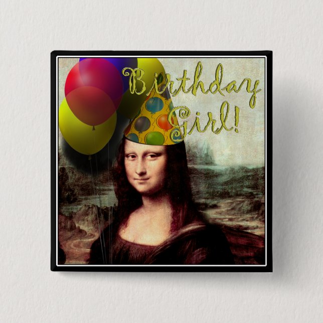 Mona Lisa Happy Birthday Party Hat 15 Cm Square Badge (Front)