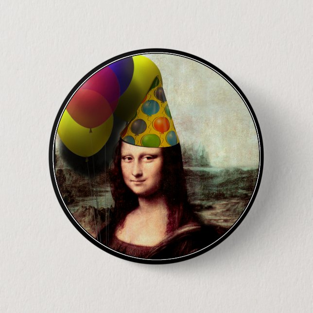 Mona Lisa Happy Birthday Party Hat 6 Cm Round Badge (Front)