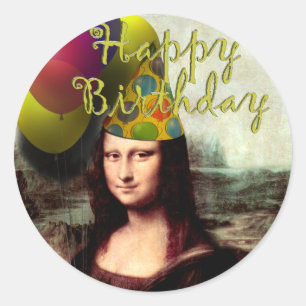 Mona Lisa Happy Birthday Party Hat Classic Round Sticker