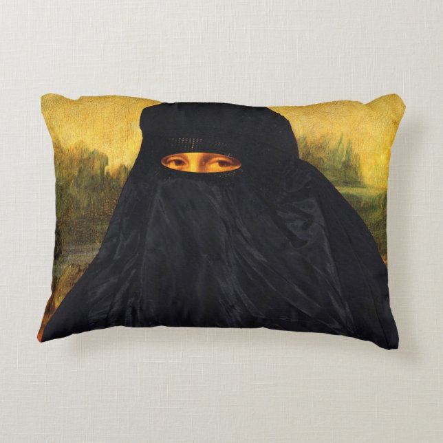 Mona Lisa Hidden Behind Burqa Decorative Cushion (Back)