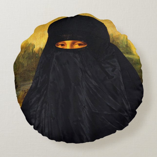Mona Lisa Hidden Behind Burqa Round Cushion (Back)