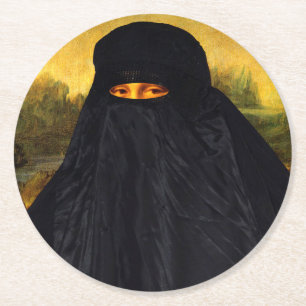 Mona Lisa Hidden Behind Burqa Round Paper Coaster