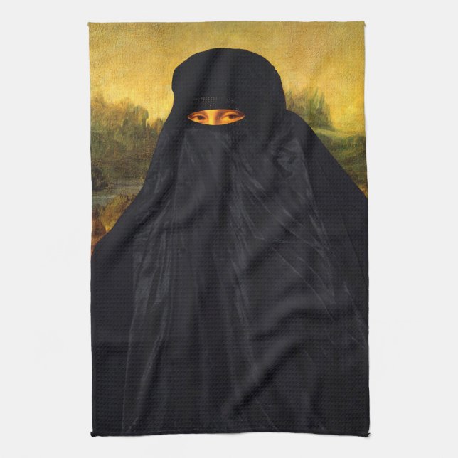Mona Lisa Hidden Behind Burqa Tea Towel (Vertical)