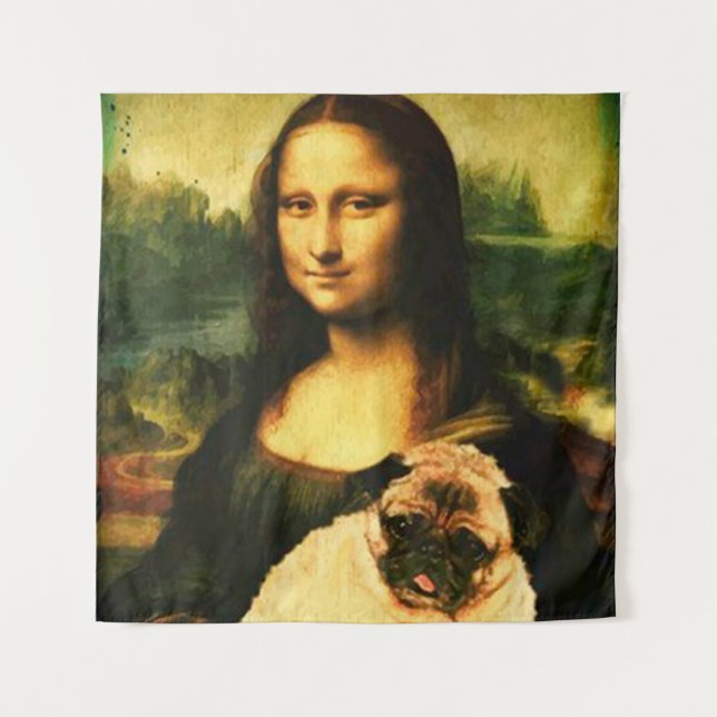 Mona Lisa holding a pug, Pug lovers pet Tapestry (Front)