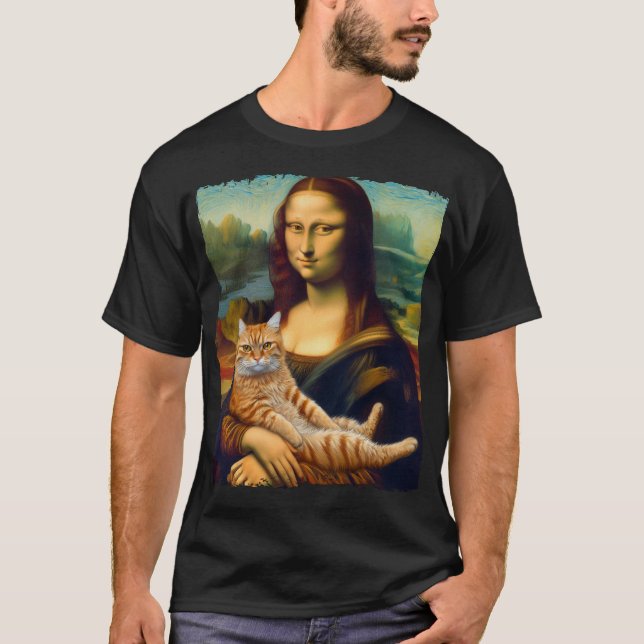 Mona Lisa Holding Cat Kitty Cats Lover Cat Dad Mum T-Shirt (Front)