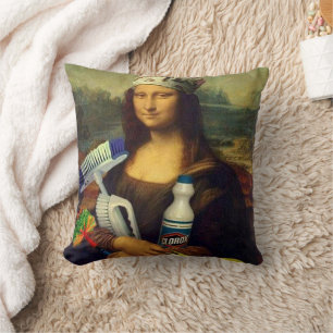 Mona Lisa holding cleaning tools Leonardo DaVinci Cushion