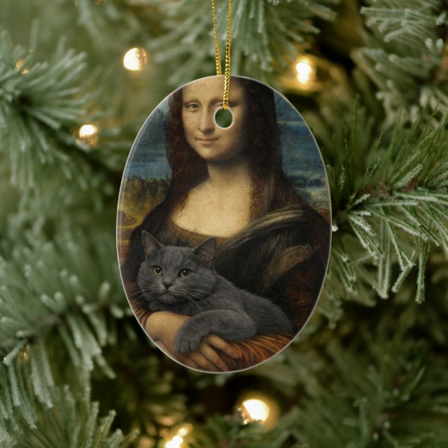Mona Lisa Holding Elegant Gray Cat                 Ceramic Ornament (Tree)