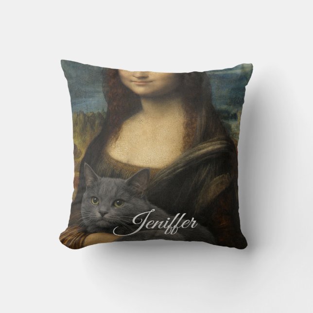 Mona Lisa Holding Elegant Gray Cat                 Cushion (Front)