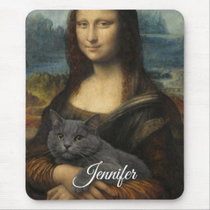 Mona Lisa Holding Elegant Gray Cat Mouse Pad