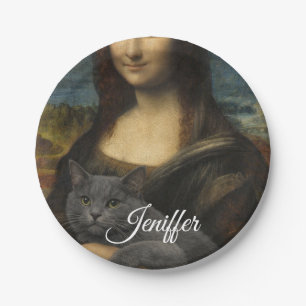 Mona Lisa Holding Elegant Gray Cat                 Paper Plate