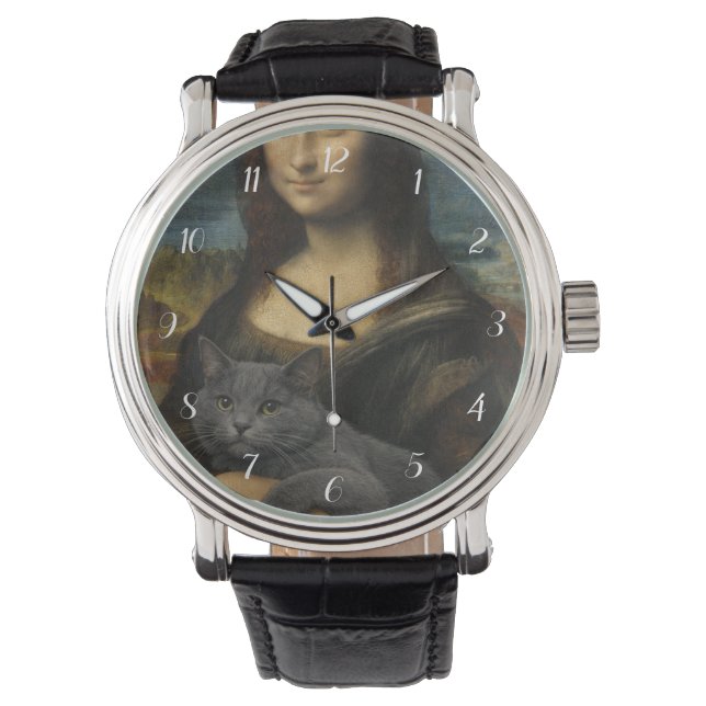 Mona Lisa Holding Elegant Grey Cat                 Watch (Front)