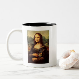 Mona Lisa holding hot tea (Leonardo da Vinci) Two-Tone Coffee Mug