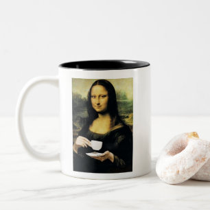 Mona Lisa holding hot tea Leonardo da Vinci Two-Tone Coffee Mug
