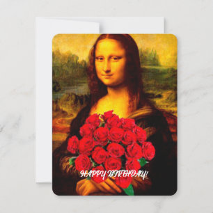 Mona Lisa holding red roses Happy birthday Holiday Card