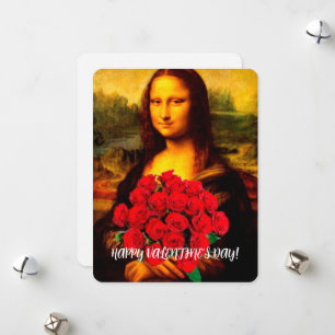 Mona Lisa holding red roses Valentine's Day Holiday Card