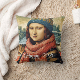 Mona Lisa in beanie - Happy 2026 Cushion