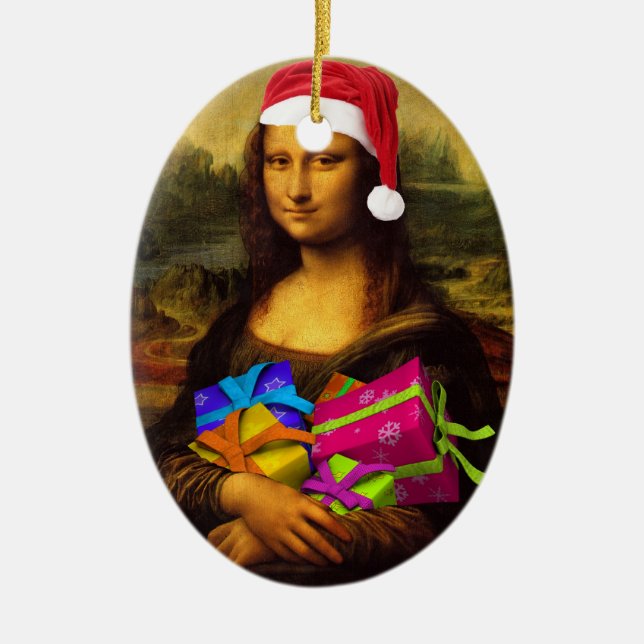 Mona Lisa In Christmas Mood Ceramic Ornament (Front)