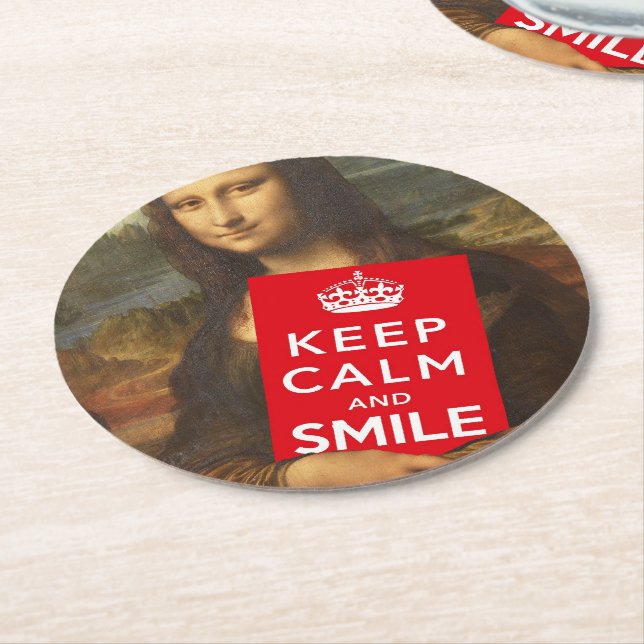 Mona Lisa Keep Calm And Smile Round Paper Coaster (Angled)
