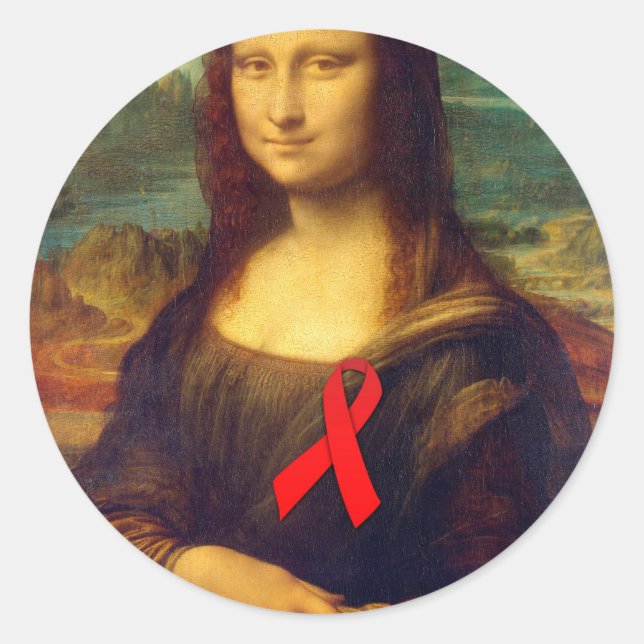 Mona Lisa Red Ribbon Classic Round Sticker (Front)