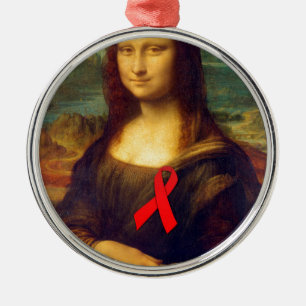 Mona Lisa Red Ribbon Metal Ornament