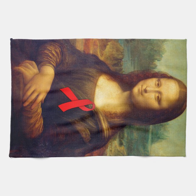 Mona Lisa Red Ribbon Tea Towel (Horizontal)