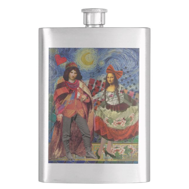 Mona Lisa Romantic Funny Colourful Artwork Hip Flask (Front)