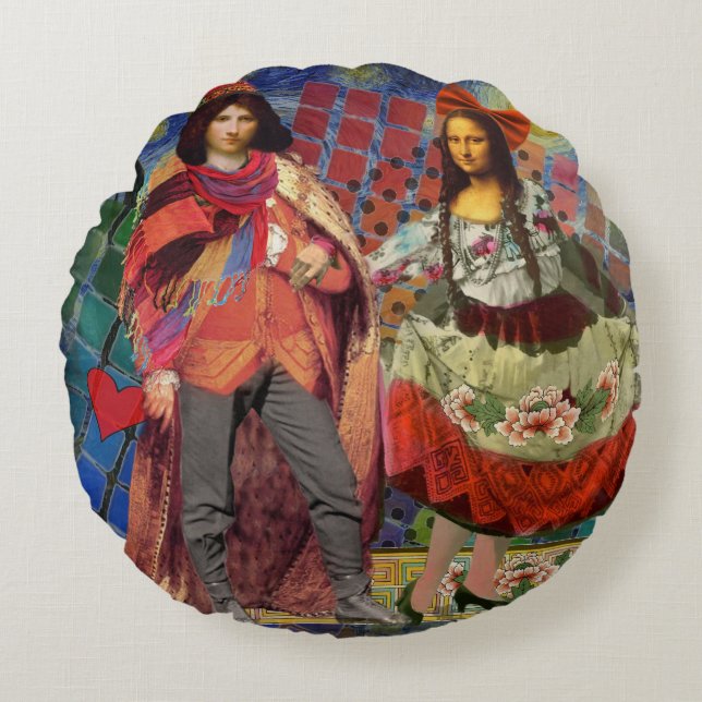 Mona Lisa Romantic Funny Colourful Artwork Round Cushion (Front)