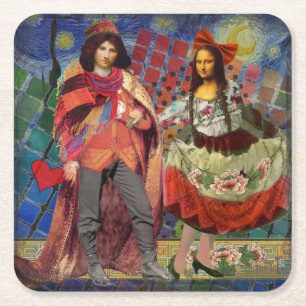 Mona Lisa Romantic Funny Colourful Artwork Square Paper Coaster