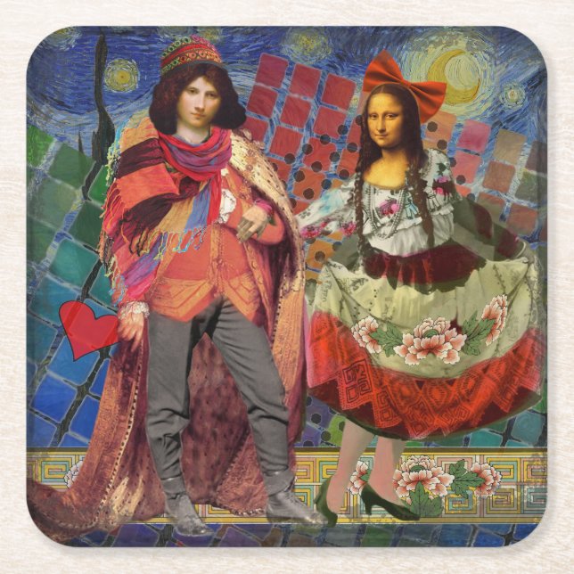 Mona Lisa Romantic Funny Colourful Artwork Square Paper Coaster (Front)