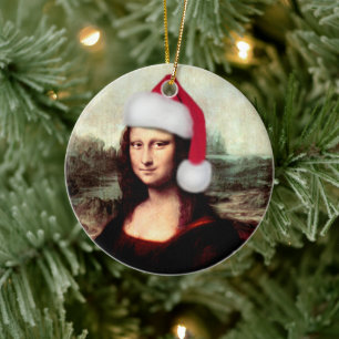 Mona Lisa Santa Hat Christmas Ceramic Ornament