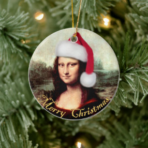 Mona Lisa Santa Hat Christmas Ceramic Ornament