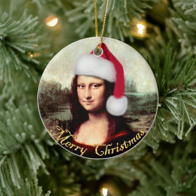 Mona Lisa Santa Hat Christmas Ceramic Ornament (Tree)