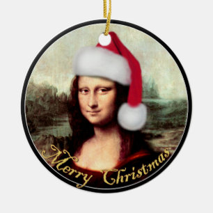 Mona Lisa Santa Hat Christmas Ceramic Ornament
