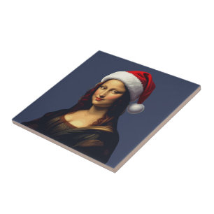Mona Lisa Santa Hat Christmas Holiday Cut Out Ceramic Tile