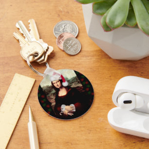 Mona Lisa Santa Hat Christmas Key Ring