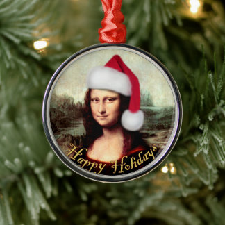 Mona Lisa Santa Hat Christmas Metal Ornament