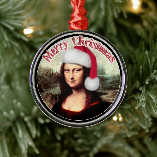Mona Lisa Santa Hat Christmas Metal Ornament (Tree)