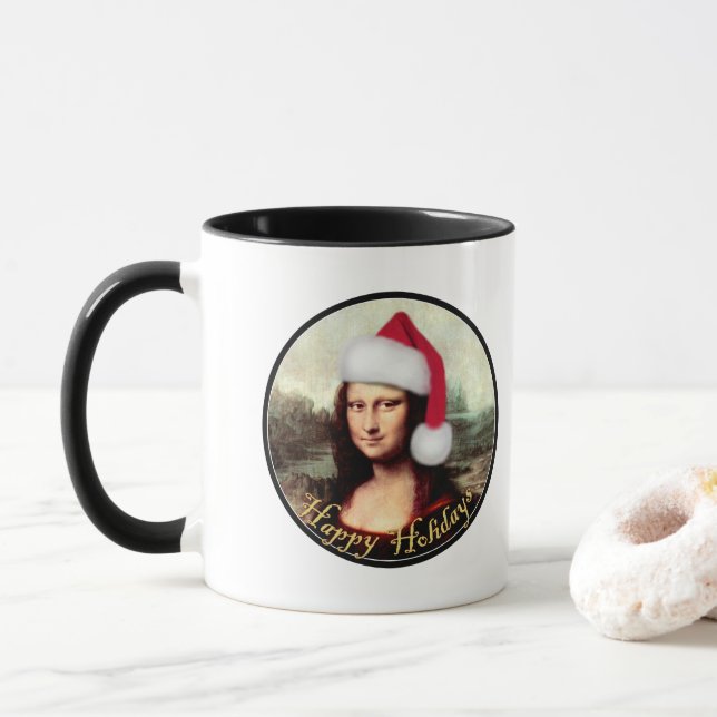 Mona Lisa Santa Hat Christmas Mug (With Donut)