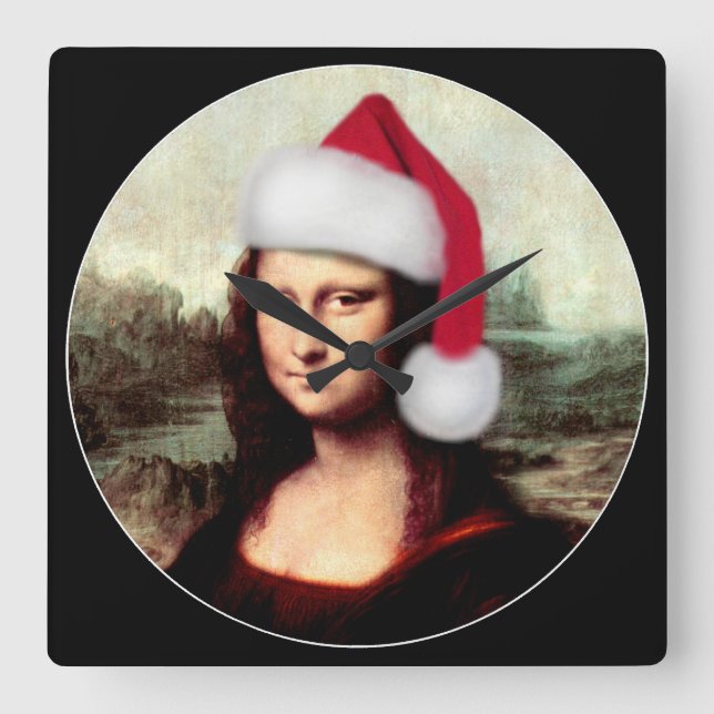 Mona Lisa Santa Hat Christmas Square Wall Clock (Front)
