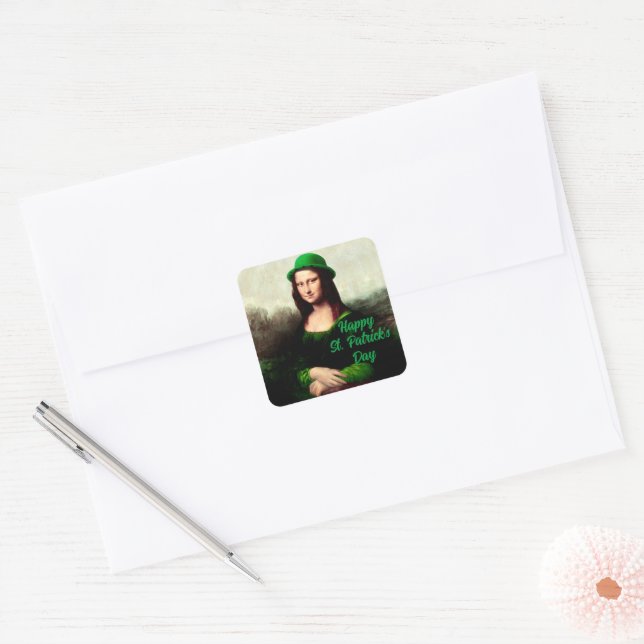 Mona Lisa St. Patrick's Day Clover Square Sticker (Envelope)