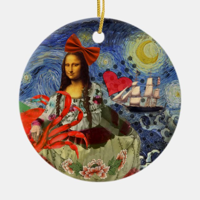 Mona Lisa Starry Night Collage: Whimsical Surreal  Ceramic Ornament (Front)