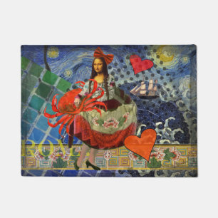 Mona Lisa Starry Night Collage: Whimsical Surreal Doormat