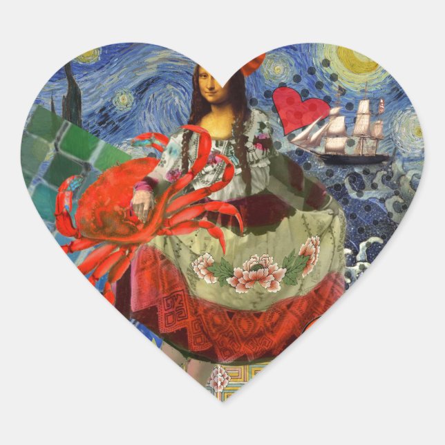 Mona Lisa Starry Night Collage: Whimsical Surreal  Heart Sticker (Front)
