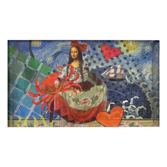 Mona Lisa Starry Night Collage: Whimsical Surreal  Name Tag (Front)