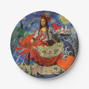 Mona Lisa Starry Night Collage: Whimsical Surreal Paper Plate