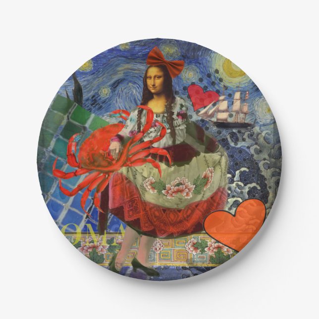 Mona Lisa Starry Night Collage: Whimsical Surreal  Paper Plate (Front)