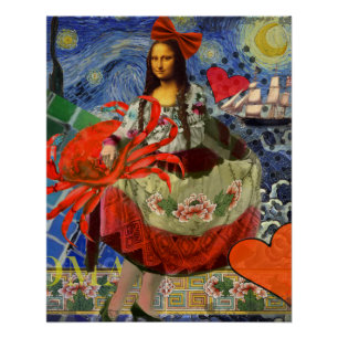Mona Lisa Starry Night Collage: Whimsical Surreal Poster