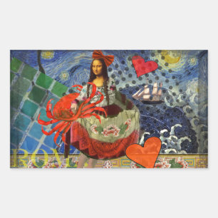 Mona Lisa Starry Night Collage: Whimsical Surreal Rectangular Sticker