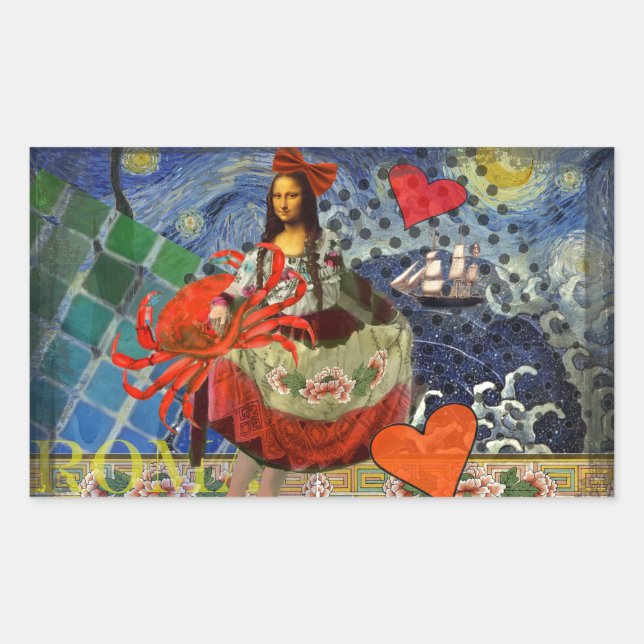 Mona Lisa Starry Night Collage: Whimsical Surreal  Rectangular Sticker (Front)